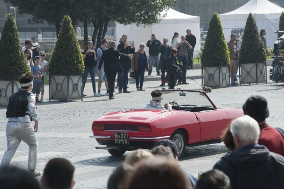 L'acteur et réalisateur Ben Stiller en action sur le tournage de Zoolander 2, Via Dei Fiori Imperiali, Rome, le 15 avril 2015.