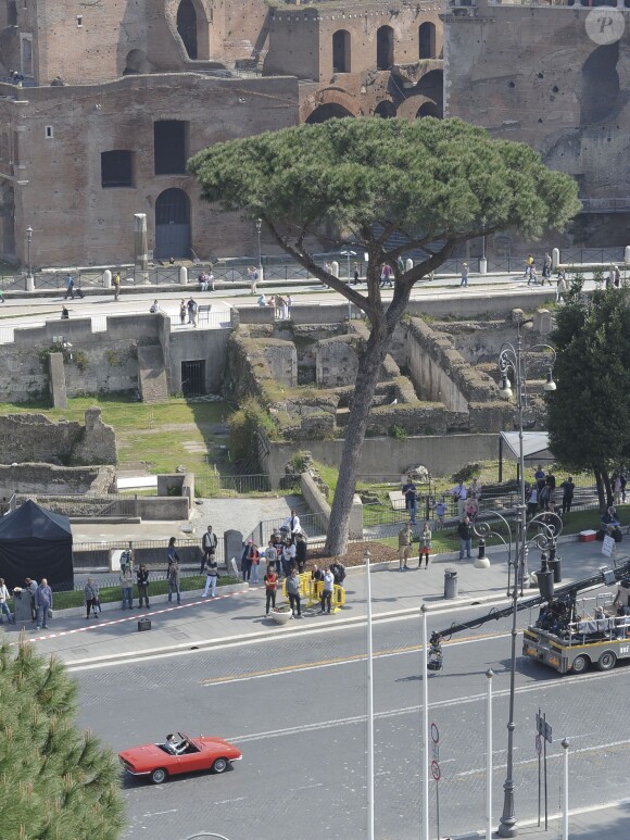 L'acteur et réalisateur Ben Stiller en action sur le tournage de Zoolander 2, Via Dei Fiori Imperiali, Rome, le 15 avril 2015.