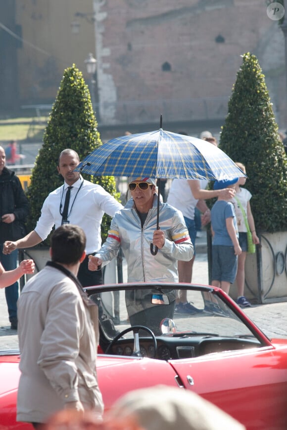L'acteur et réalisateur Ben Stiller en action sur le tournage de Zoolander 2, Via Dei Fiori Imperiali, Rome, le 15 avril 2015.