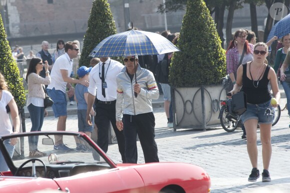 L'acteur et réalisateur Ben Stiller en action sur le tournage de Zoolander 2, Via Dei Fiori Imperiali, Rome, le 15 avril 2015.