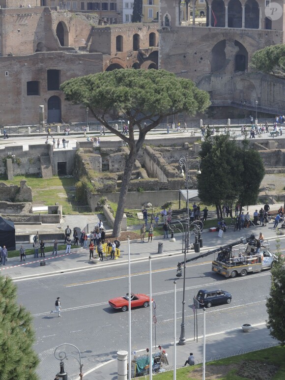 L'acteur et réalisateur Ben Stiller en action sur le tournage de Zoolander 2, Via Dei Fiori Imperiali, Rome, le 15 avril 2015.