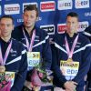 Jeremy Stravius, Amaury Leveaux, Frederick Bousquet et Florent Manaudou, relais 4 x 50 m nage libre lors des Championnats d'Europe de natation à Chartres le 25 Novembre 2012.