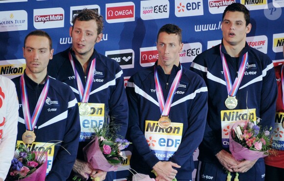 Jeremy Stravius, Amaury Leveaux, Frederick Bousquet et Florent Manaudou, relais 4 x 50 m nage libre lors des Championnats d'Europe de natation à Chartres le 25 Novembre 2012.