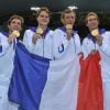 France's Men's 4X100m Freestyle Relay, Clément Lefert, Yannick Agnel, Amaury Leveaux, Fabien Gilot le 29 juillet 2012 aux JO de Londres, champions olympiques du relais 4x100 nage libre
