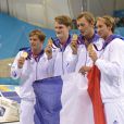Clément Lefert, Yannick Agnel, Amaury Leveaux et Fabien Gilot, champions olympiques le 29 juillet 2012 à Londres lors du relais 4x100 nage libre.