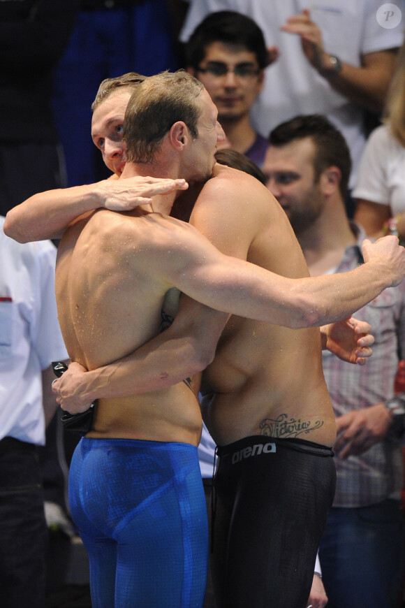 Amaury Leveaux et Alain Bernard lors du 50 m nage libre aux championnats de France en mars 2012 à Dunkerque.