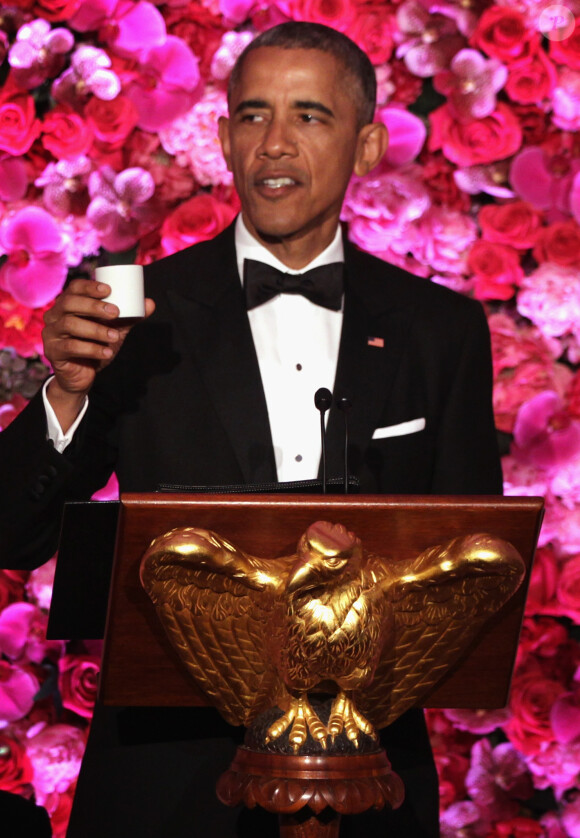 Barack Obama d'un dîner en l'honneur du Premier ministre japonais Shinzo Abe à la Maison Blanche à Washington le 28 avril 2015.