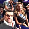 Camille Cerf sur le tournage de l'émission Vendredi tout est permis (TF1) avec, entre autre, La Fouine, Arnaud Ducret et Issa Doumbia. Mars 2015.