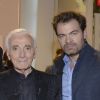 Charles Aznavour et Clovis Cornillac participent à l'enregistrement de Vivement dimanche sur France 2, le 29 avril 2015 (diffusion de l'émission : le dimanche 3 mai 2015 sur France 2).