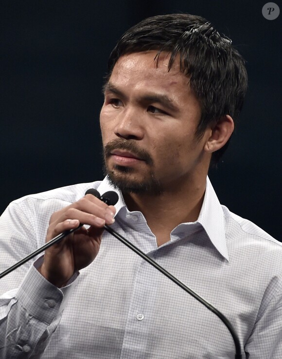 Manny Paciquiao en conférence de presse après "le combat du siècle" à la MGM Grand Garden Arena de Las Vegas le 2 mai 2015