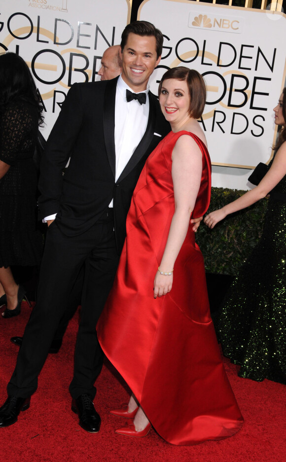Lena Dunham, Andrew Rannells (habillé en Ralph Lauren) - 72ème cérémonie annuelle des Golden Globe Awards à Beverly Hills. Le 11 janvier 2015  