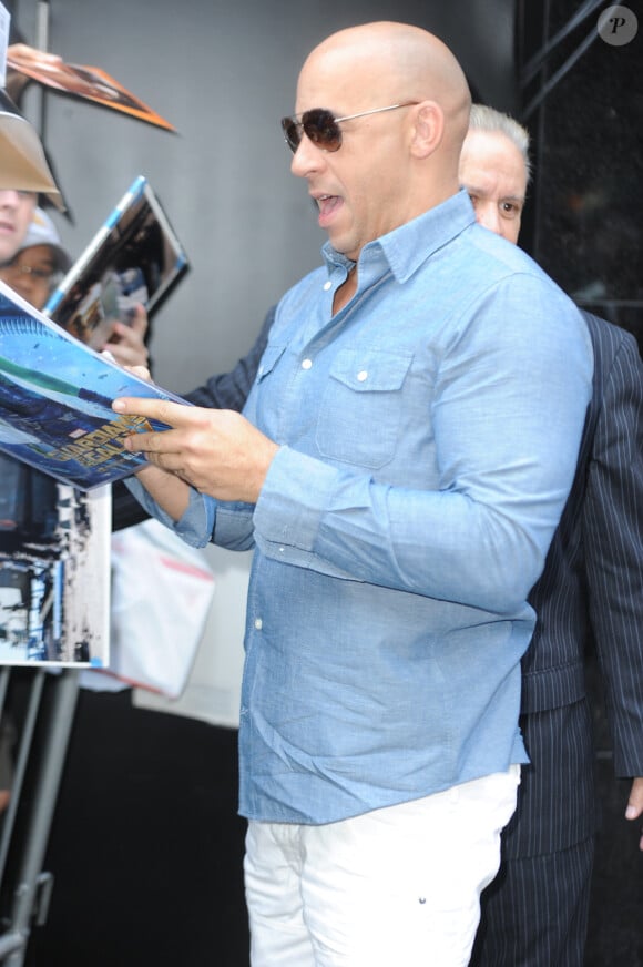 Vin Diesel arrive aux GMA studios à New York, le 29 juillet 2014. 