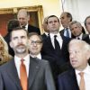 King Felipe VI of Spain (C) along with Spain's ambassador to France Ramon de Miguel Egea (front row, 2nd R) poses for a family photo during a breakfast with representatives of the French and Spanish economic communities hosted by Spain's ambassador to France Ramon de Miguel Egea at his residence in Paris, France on June 4, 2015. The Spanish royal couple are on a three-day official state visit to France. Photo by Denis Allard/Pool/ABACAPRESS.COM04/06/2015 - Paris