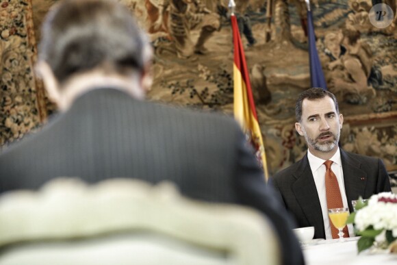 King Felipe VI of Spain during a breakfast with representatives of the French and Spanish economic communities hosted by Spain's ambassador to France Ramon de Miguel Egea at his residence in Paris, France on June 4, 2015. The Spanish royal couple are on a three-day official state visit to France. Photo by Denis Allard/Pool/ABACAPRESS.COM04/06/2015 - Paris
