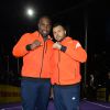 Teddy Riner et Jo-Wilfried Tsonga lors de la finale de l'Adidas Boost Battle Run à la Grande Halle de la Villette à Paris le 21 février 2015
