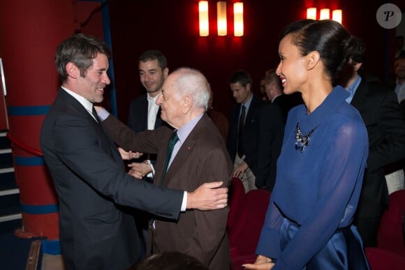 Exclusif - Jalil Lespert, Ali Baddou, Pierre Bergé et Sonia Rolland - Jalil Lespert est décoré Chevalier dans l'Ordre des Arts et des Lettres par Yannick Bolloré lors d'une cérémonie organisée au cinéma Mac Mahon à Paris, le 9 juin 2015.