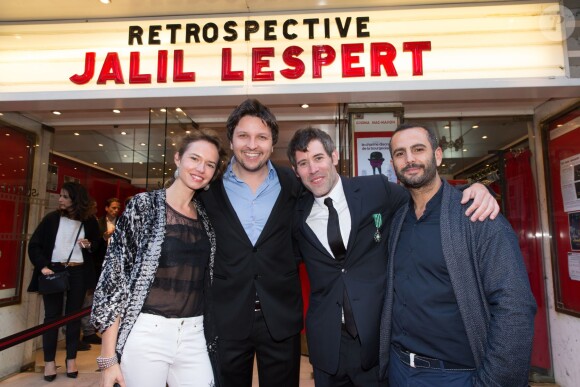 Exclusif - La femme de Cyril Andrino, Wassim Beji (producteur du film "Yves Saint Laurent"), Jalil Lespert et Cyril Andrino (homme d'affaires groupe Andrino) - Jalil Lespert est décoré Chevalier dans l'Ordre des Arts et des Lettres par Yannick Bolloré lors d'une cérémonie organisée au cinéma Mac Mahon à Paris, le 9 juin 2015.