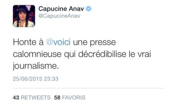Capucine Anav a réagi à la rumeur la disant en couple avec Louis Sarkozy. Le 25 juin 2015.