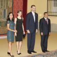 Le roi Felipe VI et la reine Letizia d'Espagne donnaient le 8 juillet 2015 au palais du Pardo, à Madrid, une réception marquant la fin de la visite d'Etat du président du Pérou Ollanta Humala et de sa femme Nadine Heredia Alarcon.