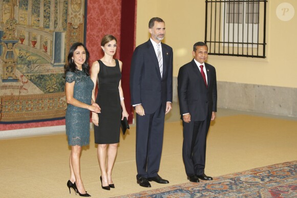 Le roi Felipe VI et la reine Letizia d'Espagne donnaient le 8 juillet 2015 au palais du Pardo, à Madrid, une réception marquant la fin de la visite d'Etat du président du Pérou Ollanta Humala et de sa femme Nadine Heredia Alarcon.