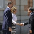 Le roi Felipe VI et la reine Letizia d'Espagne recevaient à déjeuner le 7 juillet 2015 le président du Pérou Ollanta Humala et sa femme Nadine Heredia Alarcon au palais de la Zarzuela, après les cérémonies de bienvenue au Pardo.
