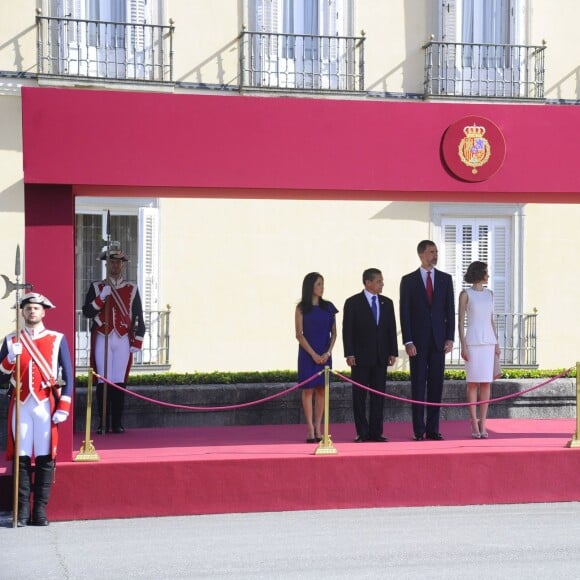 Le roi Felipe VI et la reine Letizia d'Espagne présidaient le 7 juillet 2015 au palais du Pardo la cérémonie de bienvenue pour la visite d'Etat du président du Pérou Ollanta Humala et sa femme Nadine Heredia Alarcon.