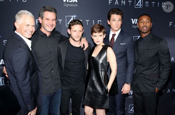 Le producteur Hutch Parker, l'écrivain Simon Kinberg, Jamie Bell, Kate Mara, Miles Teller et Michael B Jordan - Avant-première du film "Les Fant4stiques" à New York, le 4 août 2015.