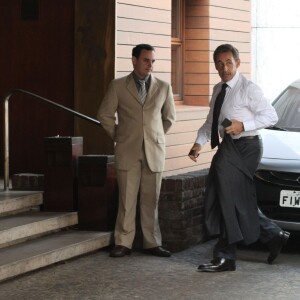 Exclusif - Nicolas Sarkozy à l'hôtel à Sao Paulo le 26 août 2015. L'ancien président enchaîne les rendez-vous.