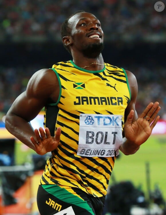 Le sprinteur Usain Bolt, médaille d'or de la finale du 200m lors des Championnats du Monde à Pékin le 27 août 2015 