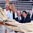 Bernard d'Alessandri, le directeur du Yacht Club de Monaco, Adriana Karembeu, Michael du YCM et André Ohanian, le mari d'Adriana au Yacht Club de Monaco dans le cadre de la 12e Monaco Classic Week le 10 septembre 2015.