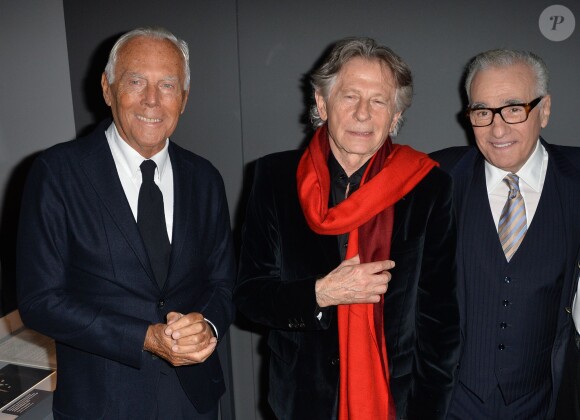 Giorgio Armani, Roman Polanski et Martin Scorsese - Visite privée de l'exposition "Martin Scorsese" à la cinémathèque française à Paris, le 13 octobre 2015.