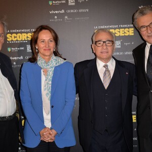 Constantin Costa-Gavras, Ségolène Royal Martin Scorsese et Serge Toubiana - Photocall à l'occasion de la visite privée de l'exposition "Scorsese" à la Cinémathèque française à Paris, le 13 octobre 2015.