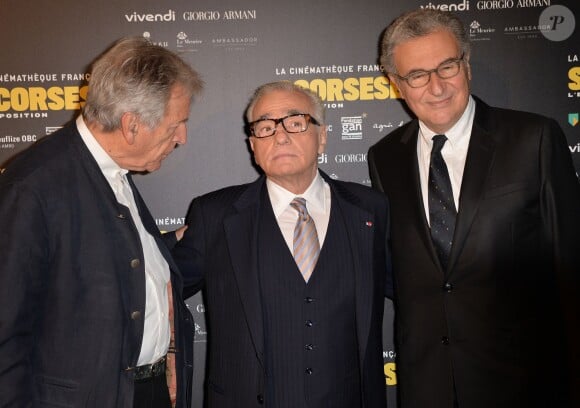 Constantin Costa-Gavras, Martin Scorsese et Serge Toubiana - Photocall à l'occasion de la visite privée de l'exposition "Scorsese" à la Cinémathèque française à Paris, le 13 octobre 2015.