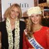 Sylvie Tellier et Camille Cerf, miss France 2015 sur le stand Tahiti du salon Top Resa au Parc des expositions à Paris le 29 Septembre 2015