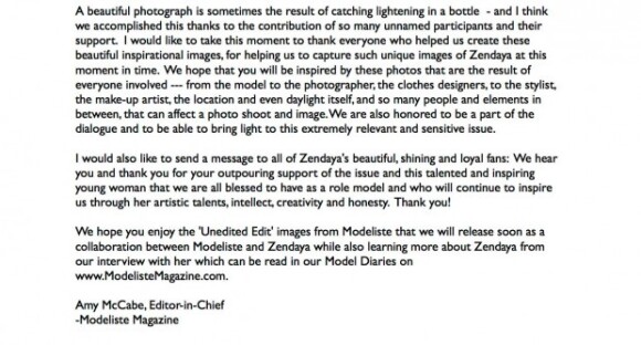 Suite du communiqué d'Amy McCabe, rédactrice en chef du magazine Modeliste, sur la publication de photos retouchées de l'actrice et chanteuse Zendaya.