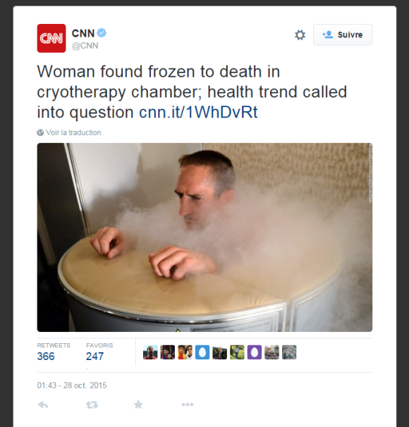 Une photo de Franck Ribéry illustre un message publié sur Twitter par CNN sur la découverte d'une femme morte congelée.