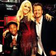 Pharrell Williams, Gwen Stefani et Blake Shelton sur le plateau de The Voice. Novembre 2015