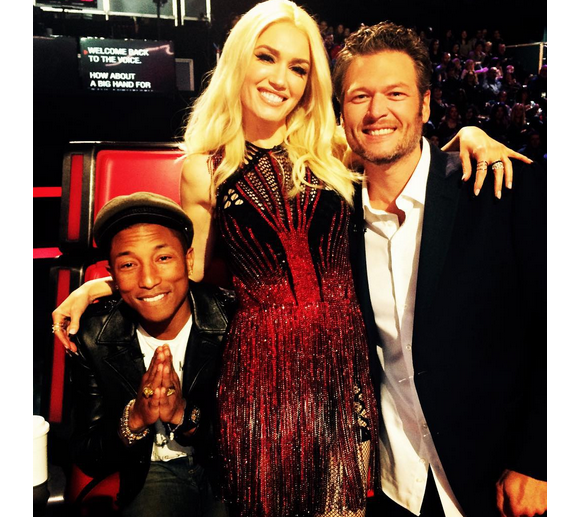 Pharrell Williams, Gwen Stefani et Blake Shelton sur le plateau de l'émission The Voice US / photo postée sur Instagram.