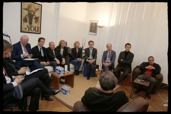 Semi-Exclusif - Patrick Stefanini, Jérôme Chartier, Hervé Marseille, Valérie Pécresse, Marielle de Sarnez, Pierre-Yves Bournazel, Yann Wehrling, Jérôme Pécresse - Soirée électorale au QG de campagne de Valérie Pécresse pour le premier tour des élections régionales en Ile de France, à Paris, le 6 décembre 2015. © Alain Guizard/Bestimage