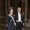 La reine Silvia et le roi Carl XVI Gustaf - Dîner du roi pour les lauréats du Prix Nobel au palais royal à Stockholm le 11 décembre 2015.