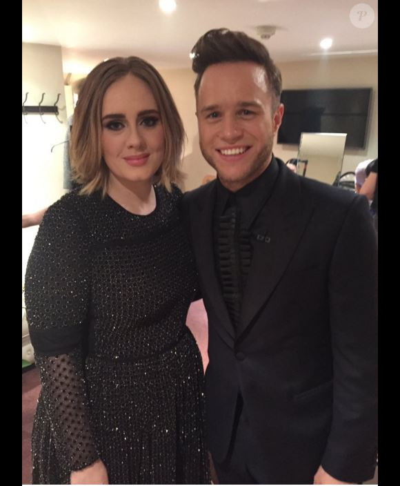 Adele et Olly Murs, dans les coulisses de X Factor, le 13 décembre 2015