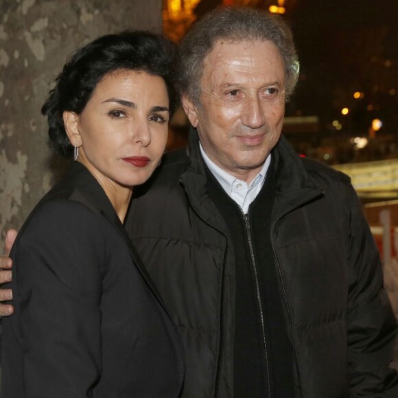 Rachida Dati et Michel Drucker, lors de l'inauguration de la patinoire de la tour Eiffel, à Paris dans le 7e arrondissement, le 18 décembre 2015. © Alain Guizard