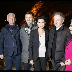 Olivier Le Quéré, Christophe Poisson, Rachida Dati, Michel Drucker et Josiane Gaude, lors de l'inauguration de la patinoire de la tour Eiffel, à Paris dans le 7e arrondissement, le 18 décembre 2015. © Alain Guizard