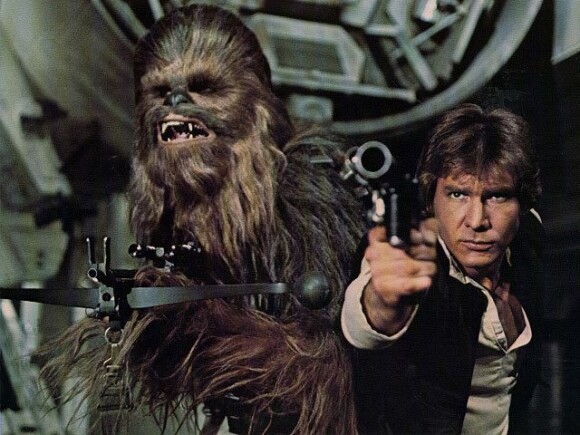 Chewbacca (Peter Mayhew) et Han Solo (Harrison Ford) dans Star Wars, version années 1970.
