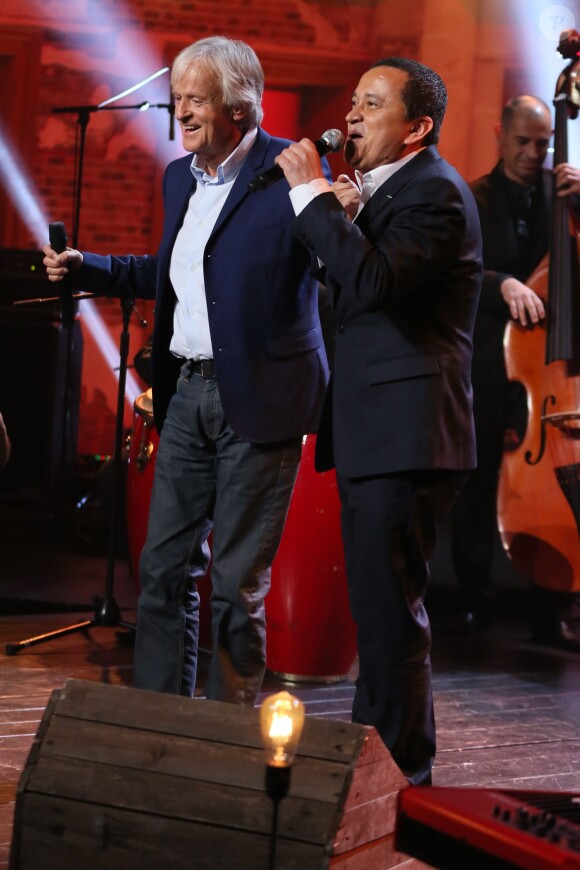 Exclusif - Dave et Yuri Buenaventura, lors de l'enregistrement de l'émission Du côté de chez Dave, le 9 décembre 2015 pour une diffusion le 10 janvier sur France 3.