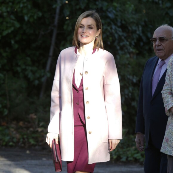 La reine Letizia d'Espagne lors d'une réunion de travail de la fondation FAD (Fondation d'aide à la lutte contre la toxicomanie) en son siège à Madrid le 12 janvier 2016. Elle a repris en septembre 2015 le rôle de présidente d'honneur de l'organisme précédemment tenu par sa belle-mère la reine Sofia.