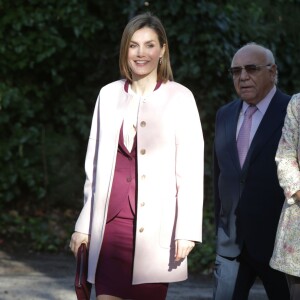 La reine Letizia d'Espagne lors d'une réunion de travail de la fondation FAD (Fondation d'aide à la lutte contre la toxicomanie) en son siège à Madrid le 12 janvier 2016. Elle a repris en septembre 2015 le rôle de présidente d'honneur de l'organisme précédemment tenu par sa belle-mère la reine Sofia.