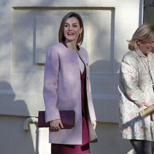 La reine Letizia d'Espagne lors d'une réunion de travail de la fondation FAD (Fondation d'aide à la lutte contre la toxicomanie) en son siège à Madrid le 12 janvier 2016. Elle a repris en septembre 2015 le rôle de présidente d'honneur de l'organisme précédemment tenu par sa belle-mère la reine Sofia.