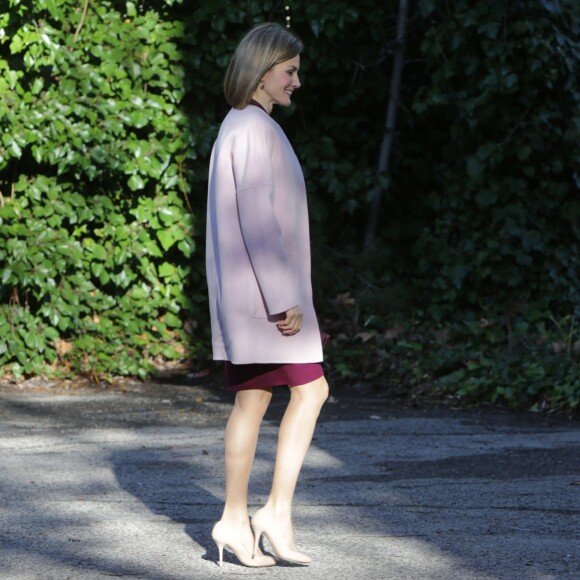 La reine Letizia d'Espagne lors d'une réunion de travail de la fondation FAD (Fondation d'aide à la lutte contre la toxicomanie) en son siège à Madrid le 12 janvier 2016. Elle a repris en septembre 2015 le rôle de présidente d'honneur de l'organisme précédemment tenu par sa belle-mère la reine Sofia.