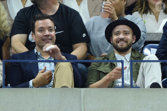 Jimmy Fallon blessé à la main et Justin Timberlake au stade Arthur Ashe à New York, le 9 septembre 2015